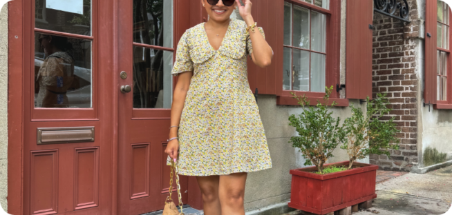 rachel in floral dress