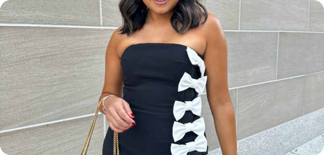 rachel in black and white dress