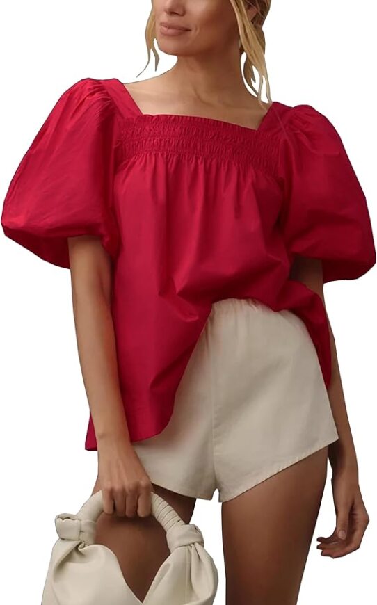 amazon red puff shoulder top