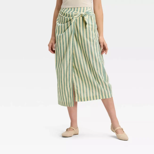 target green strip faux wrap skirt